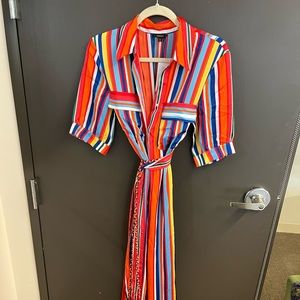 Belted Rainbow Stripe Turndown Collar Maxi Dress